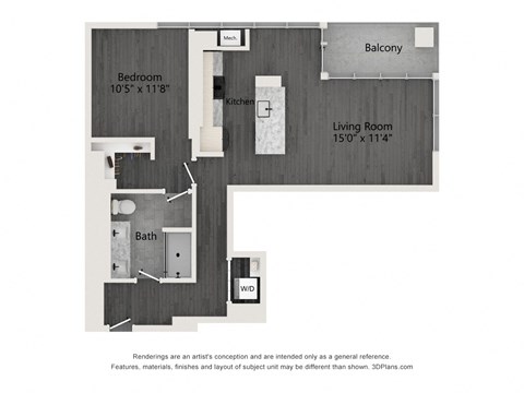 Floor plan for 1 bed, 1 bath, 796 sqft